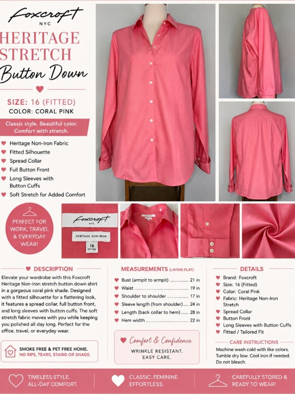Foxcroft NYC Heritage Non-Iron Stretch Button Down Shirt Size 16 Fitted Coral Pi